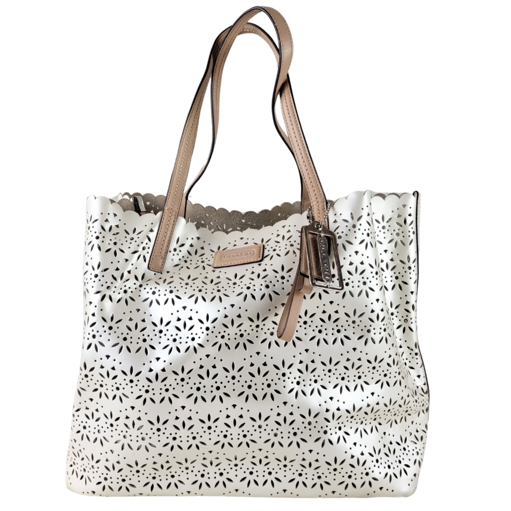 Coach Metro Shimmery Pearl Eyelet Scalloped Leather Tote Bag
